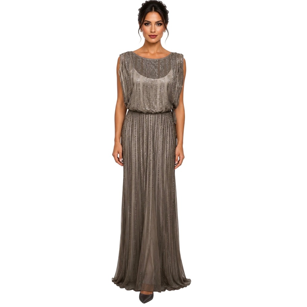 Adrianna Papell Pewter Beaded Blouson Maxi Formal Gown Dress-10-Sleeveless NWT
